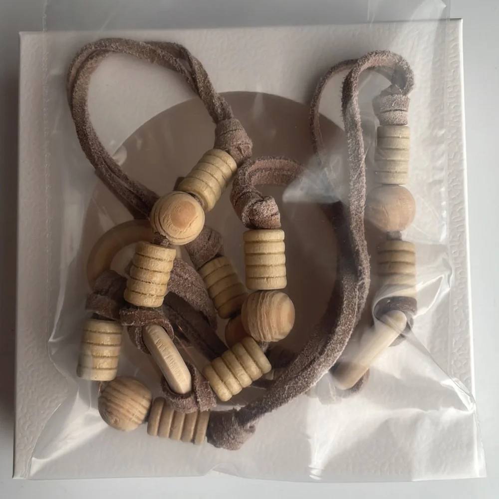 Necklace leather wood beads rings natural_2